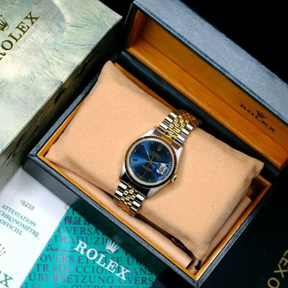 MEN'S ROLEX DATEJUST BLUE INDEX DIAL FLUTED 36MM WATCH ORIGINAL BOX & PAPERS - Picture 1 of 13